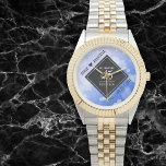 Elegant 45th Sapphire Wedding Anniversary Watch<br><div class="desc">Celebrate the 45th sapphire wedding anniversary and a love that stands the test of time with this stylish watch! Elegant black and white lettering with hexagonal confetti on a sapphire blue background add a memorable touch for this special occasion and extraordinary milestone. Personalise with the couple's names and dates of...</div>