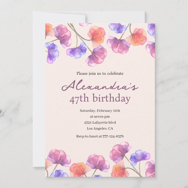 Elegant 47th birthday invitations Boho Floral Chic (Front)