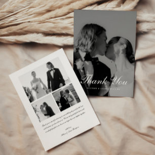 Elegant 4-Photo Black & White Script Wedding Thank You Card