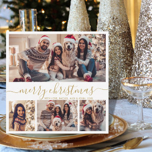 Elegant 4 Photo Collage Gold Script Christmas Holiday Card