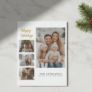Elegant 4 Photo Collage Modern Minimal Gold Script Holiday Card