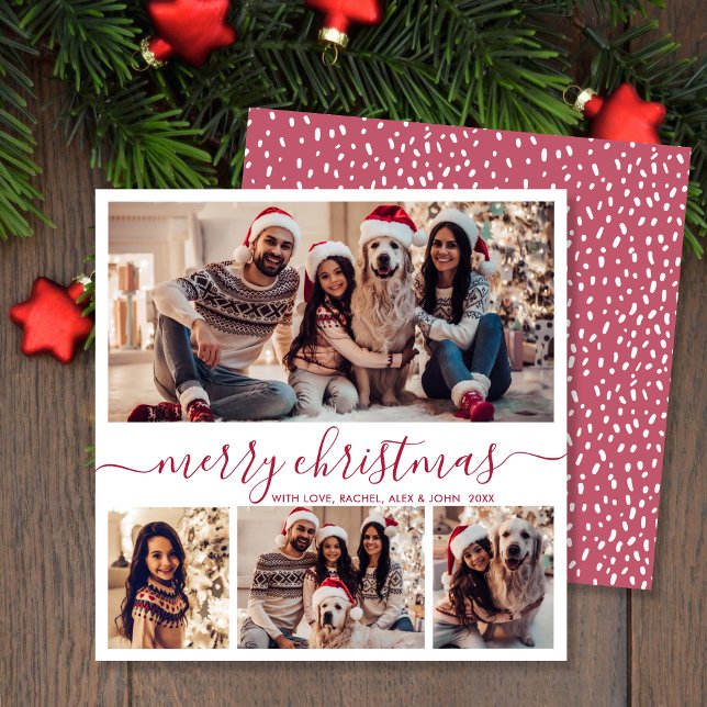 Elegant 4 Photo Collage Red Script Snowy Christmas Holiday Card (Creator Uploaded)