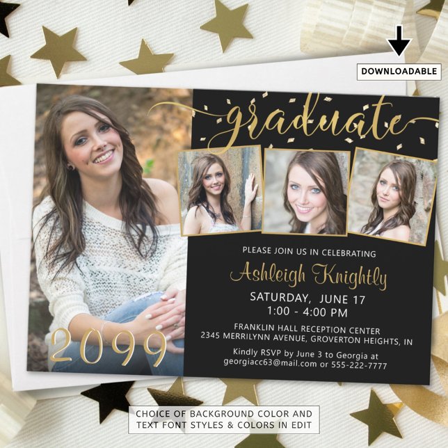 Elegant 4 Photo Graduate Black Gold Confetti Invitation (Creator Uploaded)