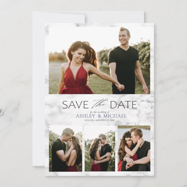 Elegant 4 Photo Marble Navy Blue Wedding Save The Date (Front)