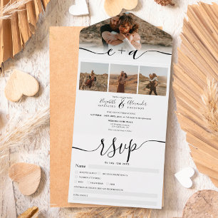 Elegant 4 Photos black white modern script wedding All In One Invitation