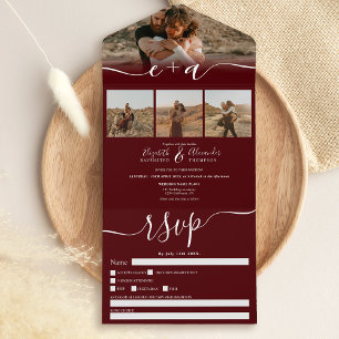 Elegant 4 Photos burgundy modern script wedding All In One Invitation
