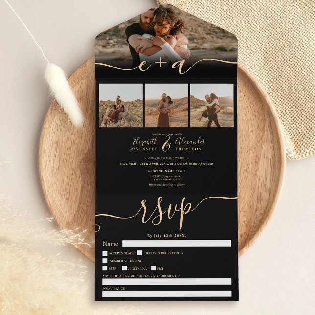 Elegant 4 Photos gold black modern script wedding All In One Invitation (Creator Uploaded)