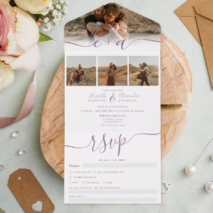Elegant 4 Photos mauve white modern script wedding All In One Invitation