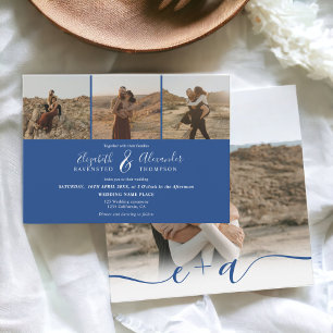 Elegant 4 Photos modern script wedding blue white Invitation