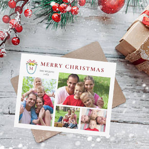 Elegant 4 Photos Monogrammed  Holiday Card