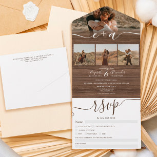 Elegant 4 Photos rustic brown wood script wedding All In One Invitation