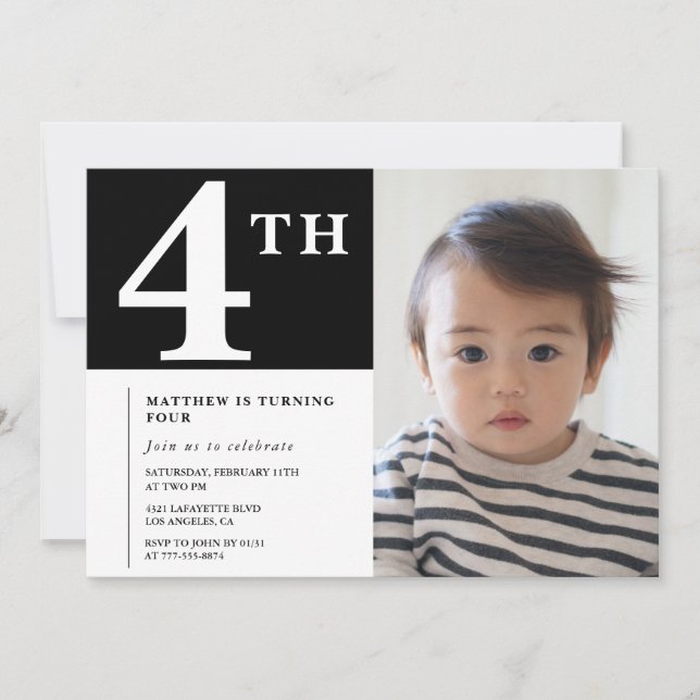 Elegant 4th birthday invitation Black Boy Photo (Front)