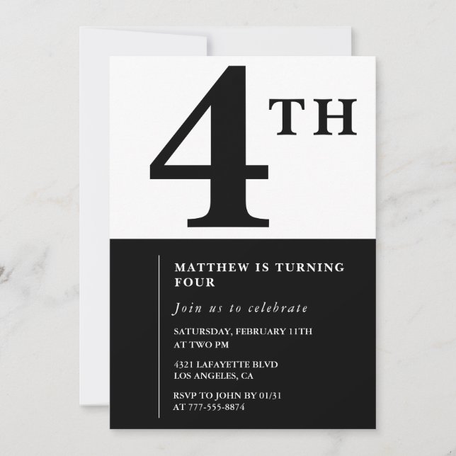 Elegant 4th birthday invitation Black Chic Modern (Front)