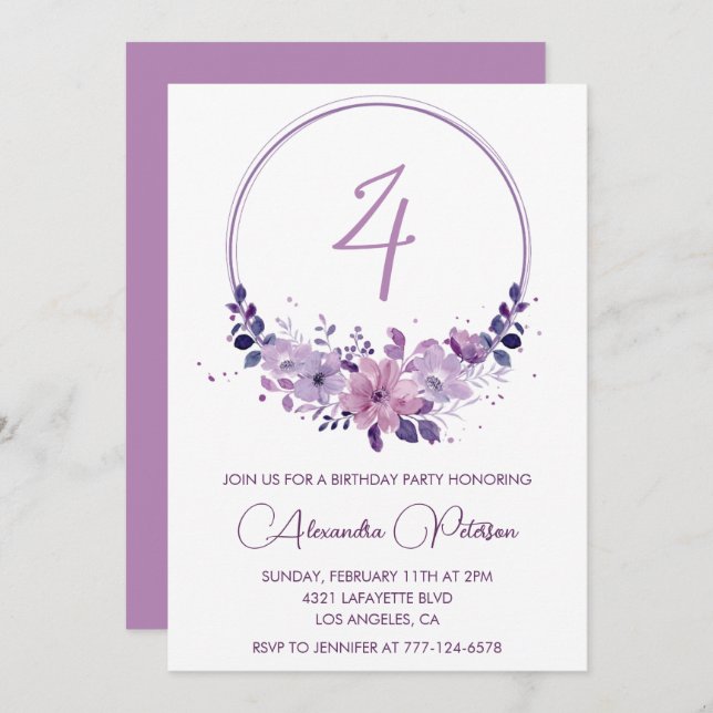 Elegant 4th birthday invitations Floral Purple (Front/Back)
