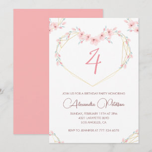Elegant 4th birthday invitations Pink Floral 