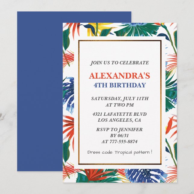 Elegant 4TH birthday invitations Tropical Party  (Front/Back)