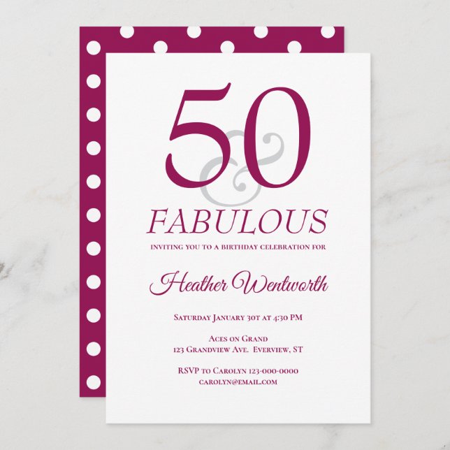 Elegant 50 and Fabulous 50th Birthday Mulberry Invitation (Front/Back)