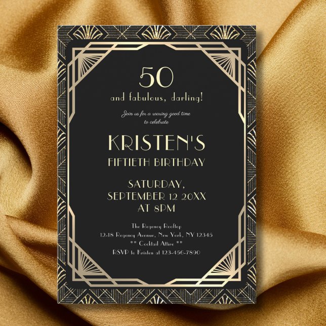 Elegant 50 and Fabulous Black and Gold Birthday Invitation (Creator Uploaded)