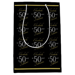 Elegant 50 and fabulous black gold 50th birthday medium gift bag