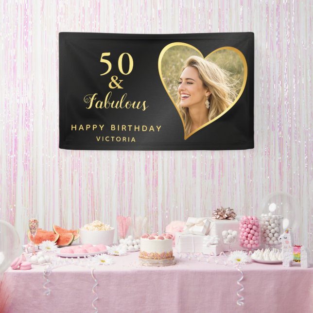Elegant 50 and Fabulous Black Gold Custom Photo Banner (Party)