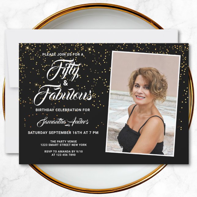 Elegant 50 and Fabulous Black Gold Glitter Photo Invitation (Creator Uploaded)