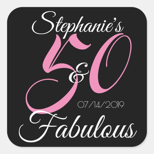 Elegant 50 and Fabulous Personalised Birthday Square Sticker (Front)