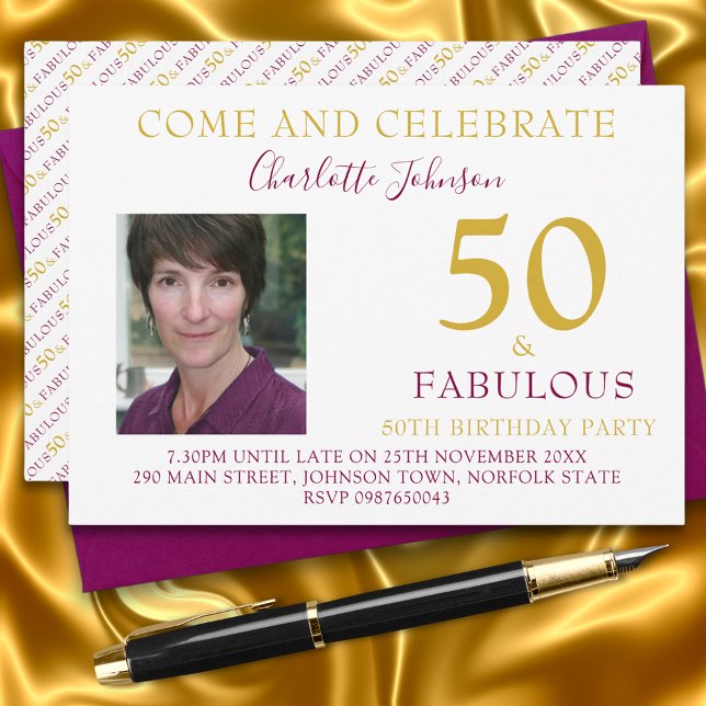 Elegant 50 and Fabulous Photo 50th birthday  Invitation (50 & fabulous stylish purple and gold custom photo template 50th birthday party invitation )