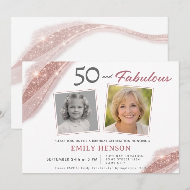 Elegant 50 and Fabulous Rose Gold Photo Birthday Invitation (Front/Back)