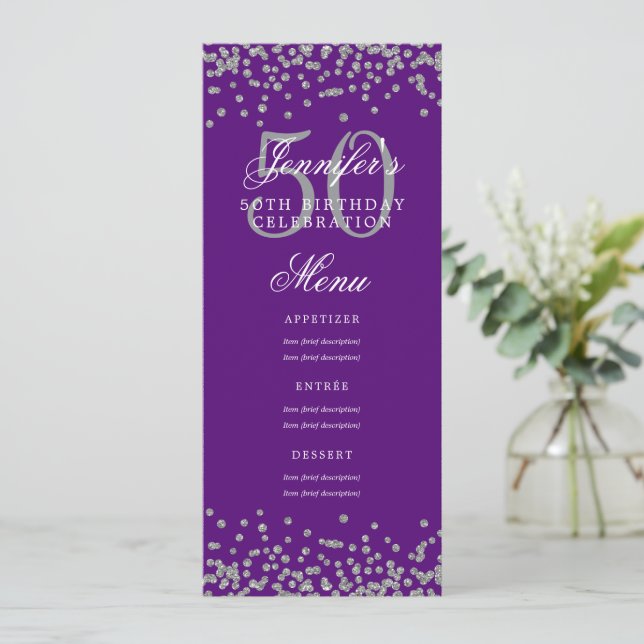 Elegant 50 Birthday Menu Silver Purple Confetti Invitation (Standing Front)