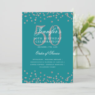 Elegant 50 Birthday Program Menu Silver Turquoise Invitation
