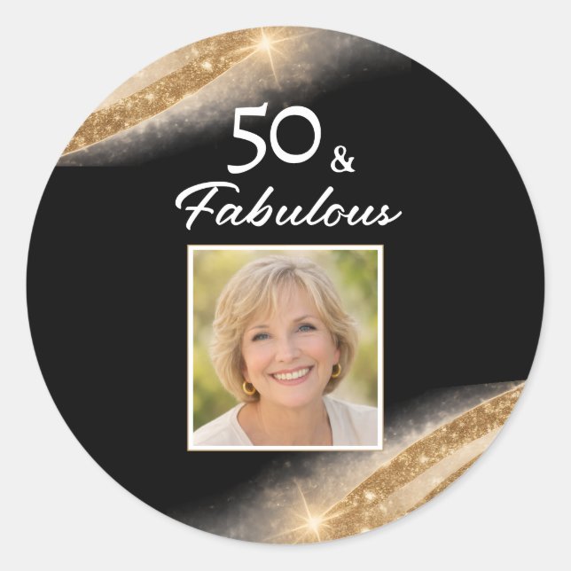 Elegant 50 & Fabulous Black Gold Photo Birthday Classic Round Sticker (Front)