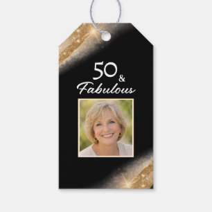 Elegant 50 & Fabulous Black Gold Photo Birthday  Gift Tags