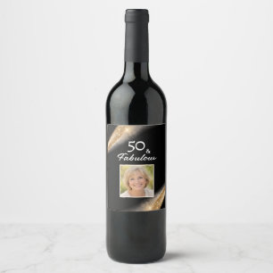 Elegant 50 & Fabulous Black Gold Photo Birthday  Wine Label