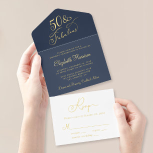 Elegant 50 Fabulous Blue 50th Birthday Party Foil All In One Invitation