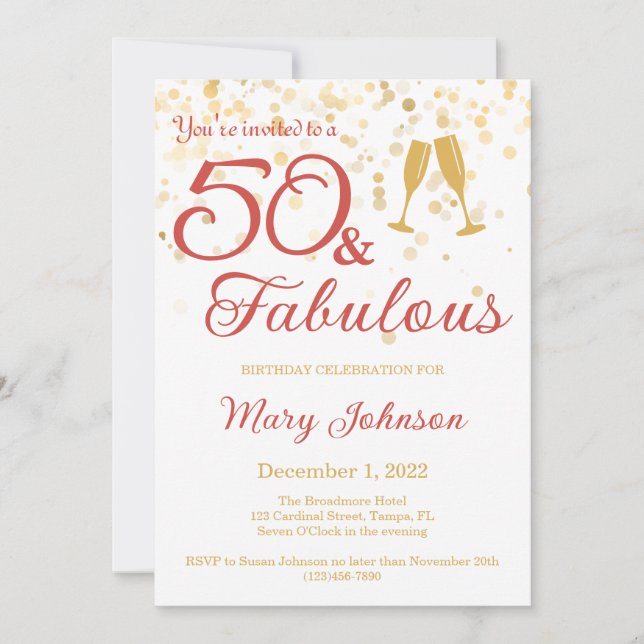 Elegant 50 & Fabulous Gold Glitter Birthday Invitation (Front)