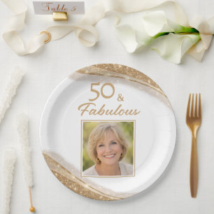 Elegant 50 & Fabulous Gold Photo Birthday Party Paper Plate