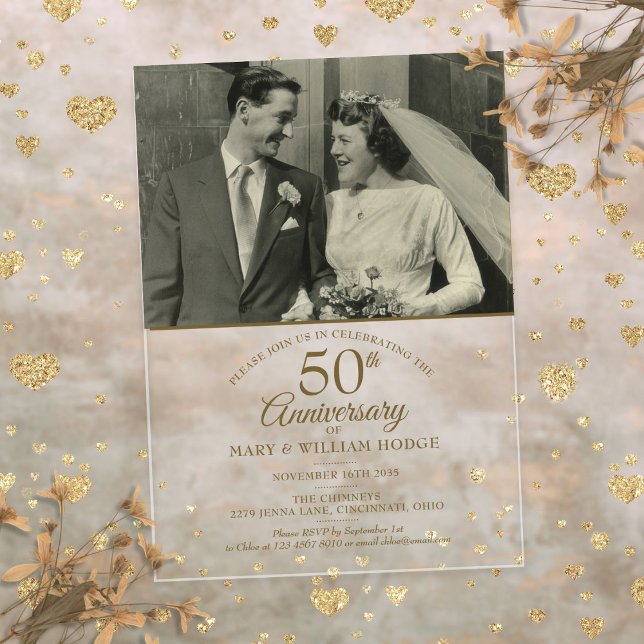 Elegant 50th Anniversary Gold Wedding Photo Acrylic Invitations (Elegant 50th Anniversary Gold Wedding Photo Acrylic Invitations)