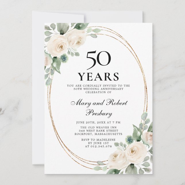 Elegant 50th Anniversary Party White Rose Floral Invitation (Front)