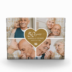Elegant 50th Anniversary Photo Gold Heart Glitter Block