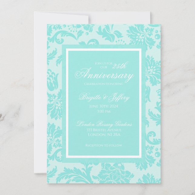 Elegant 50th anniversary teal damask invitation (Front)