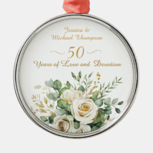 Elegant 50th Anniversary White Roses Gold Rings Metal Tree Decoration