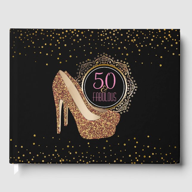 Elegant 50th Birthday | 50 & Fabulous Black Gold Guest Book (Front)