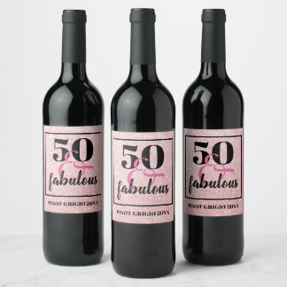 Elegant 50th Birthday 50 & Fabulous Pink Glitter Wine Label