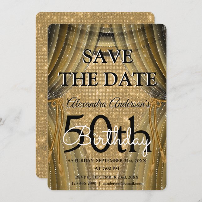 Elegant 50th Birthday Black and Gold Sparkle Invitation (Front/Back)