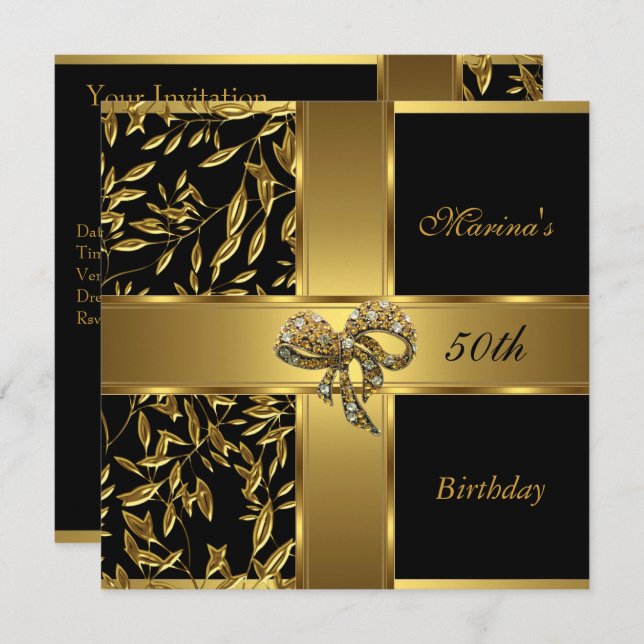 Elegant 50th Birthday Black Gold Floral Bow 2 Invitation (Front/Back)