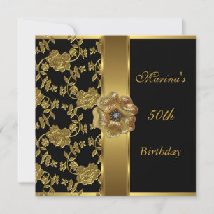 Elegant 50th Birthday Black Gold Floral Brocade Invitation