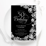 Elegant 50th Birthday Black Silver Roses Invitation<br><div class="desc">Black silver floral 50th birthday party invitation. Elegant design featuring roses,  faux gold foil and typography script font. Trendy invite card perfect for a stylish female bday celebration. Can be customised to any age. Personalise with your own details. Printed Zazzle invitations or instant download digital printable template.</div>