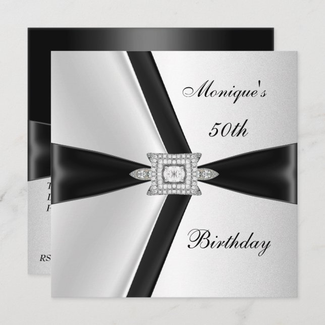 Elegant 50th Birthday Black White Diamond Invitation (Front/Back)