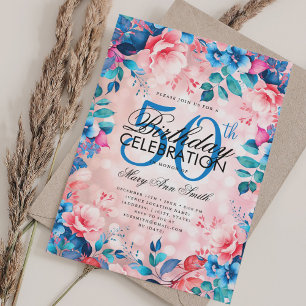 Elegant 50th Birthday Blush Pink Blue Floral  Invitation