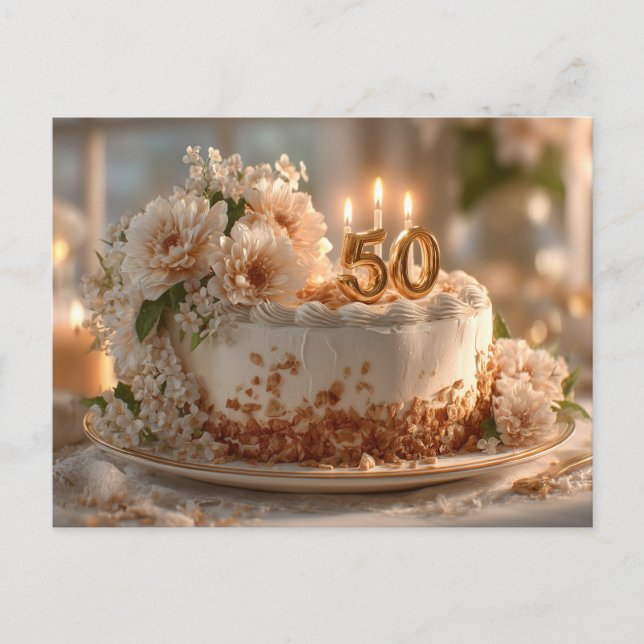 Elegant 50th Birthday Cake with Golden Topper Postcard (Front)